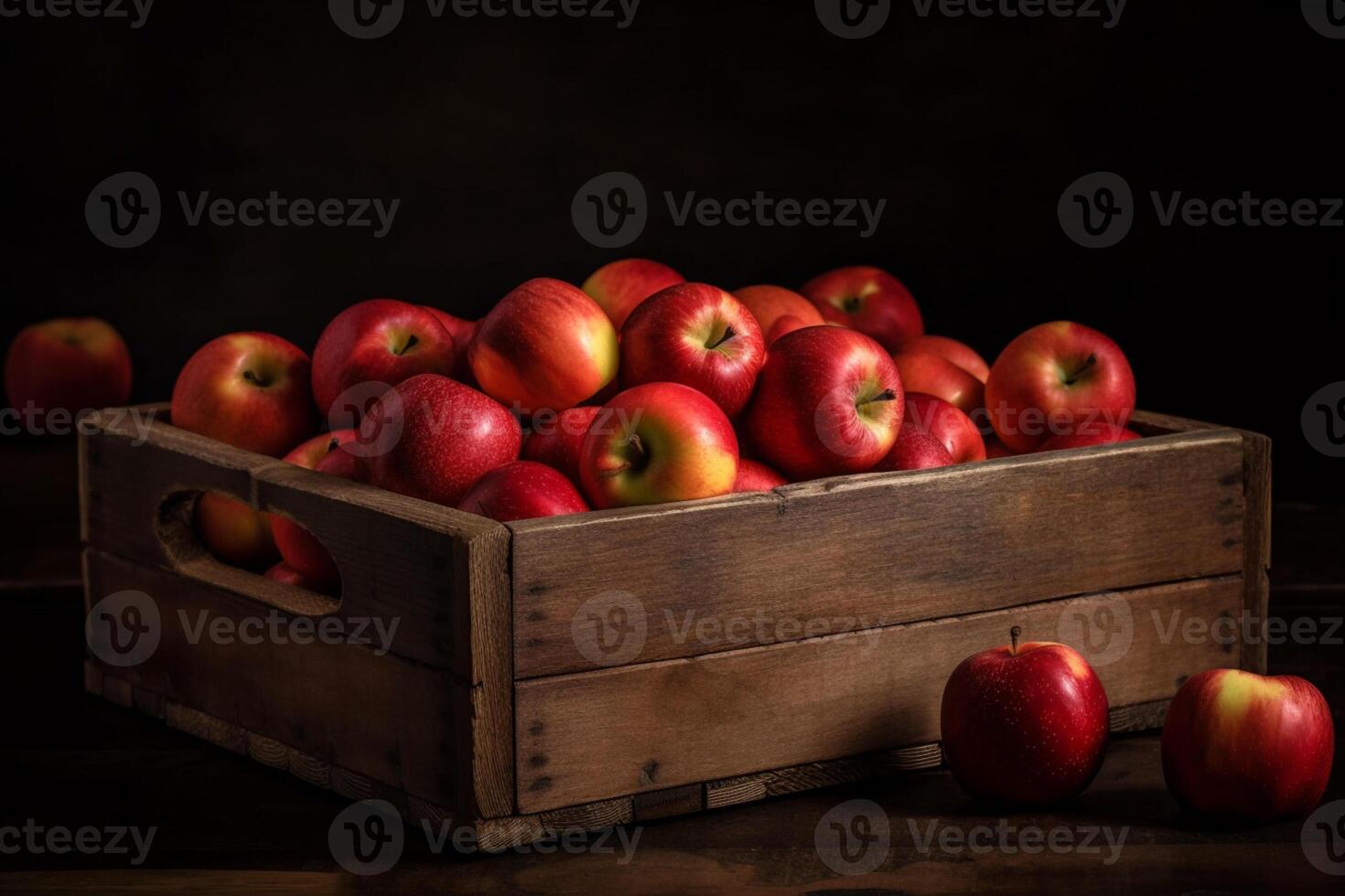 Red apples in wooden box photo