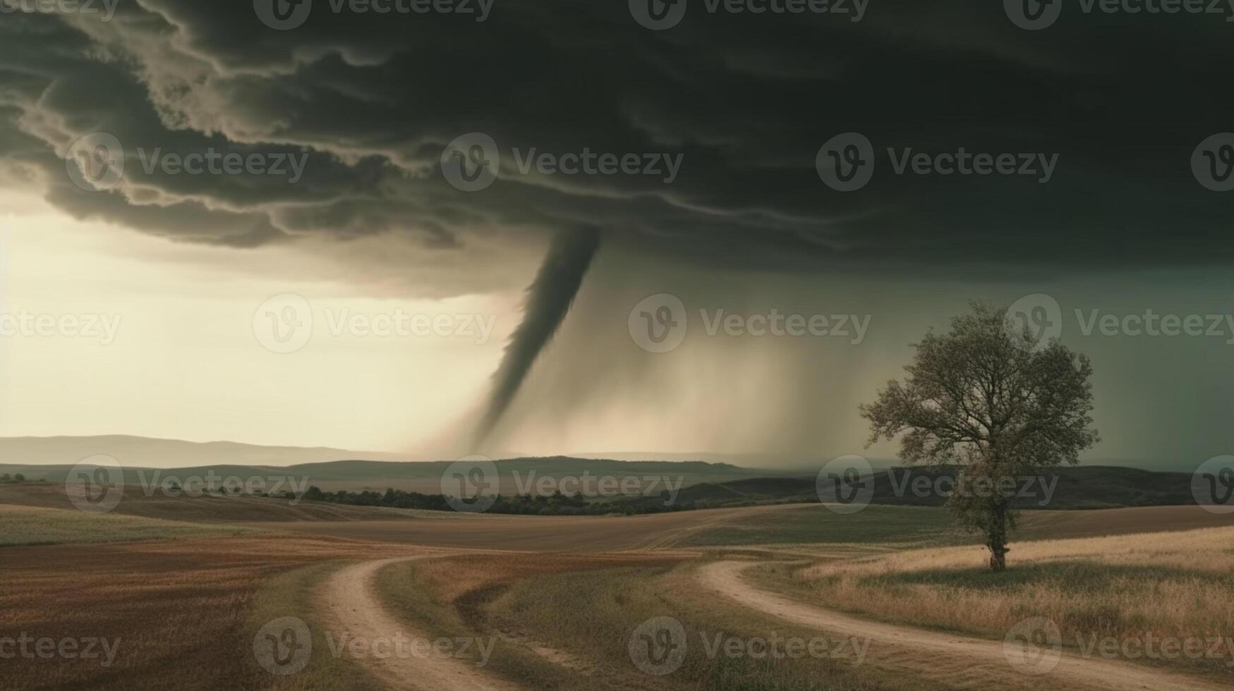 Tornado In Stormy Landscape - Climate Change And Natural Disaster Concept photo