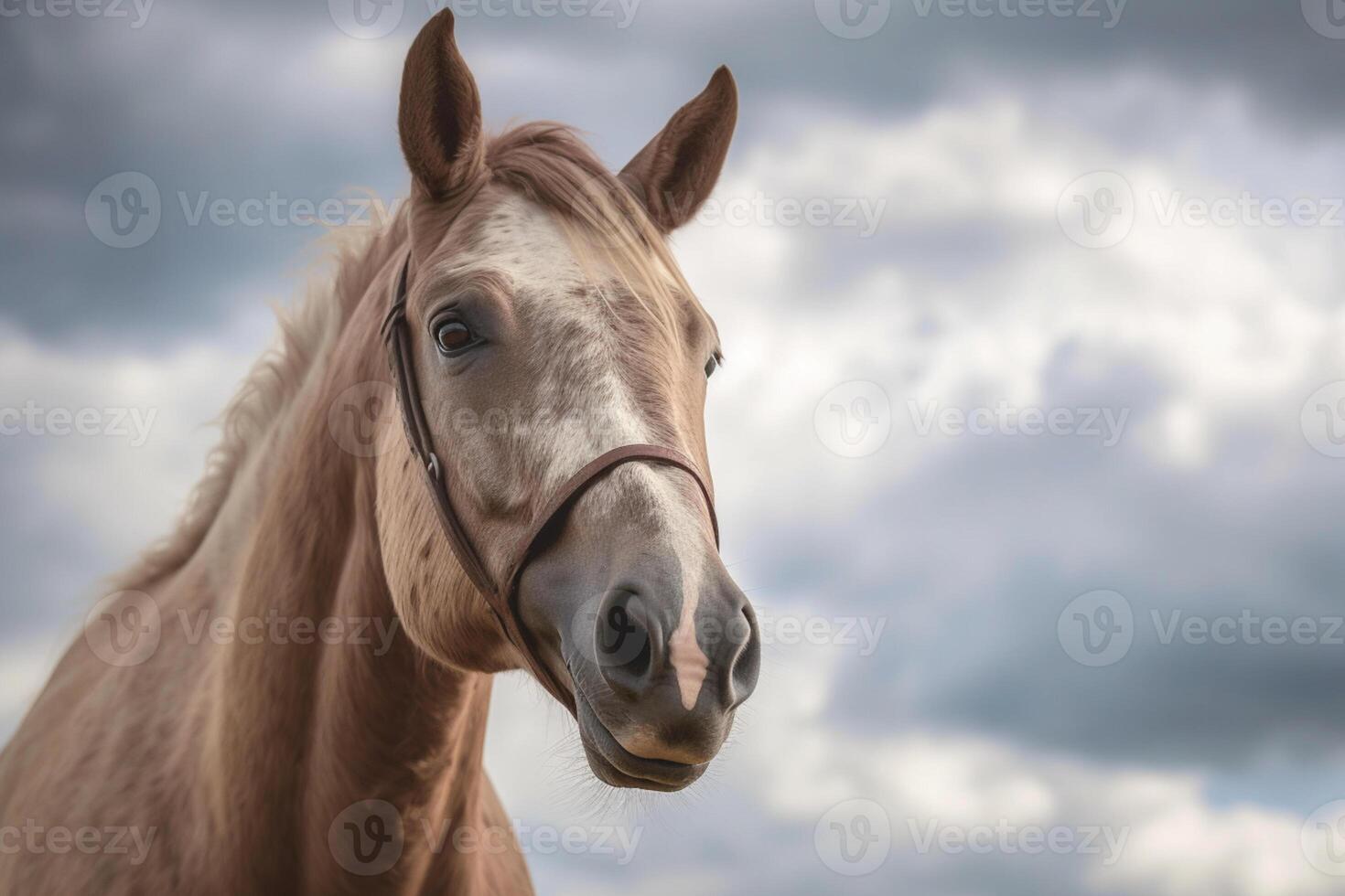 Penetrating horse's gaze against cloudy sky, framed by wild mane AI Generated photo