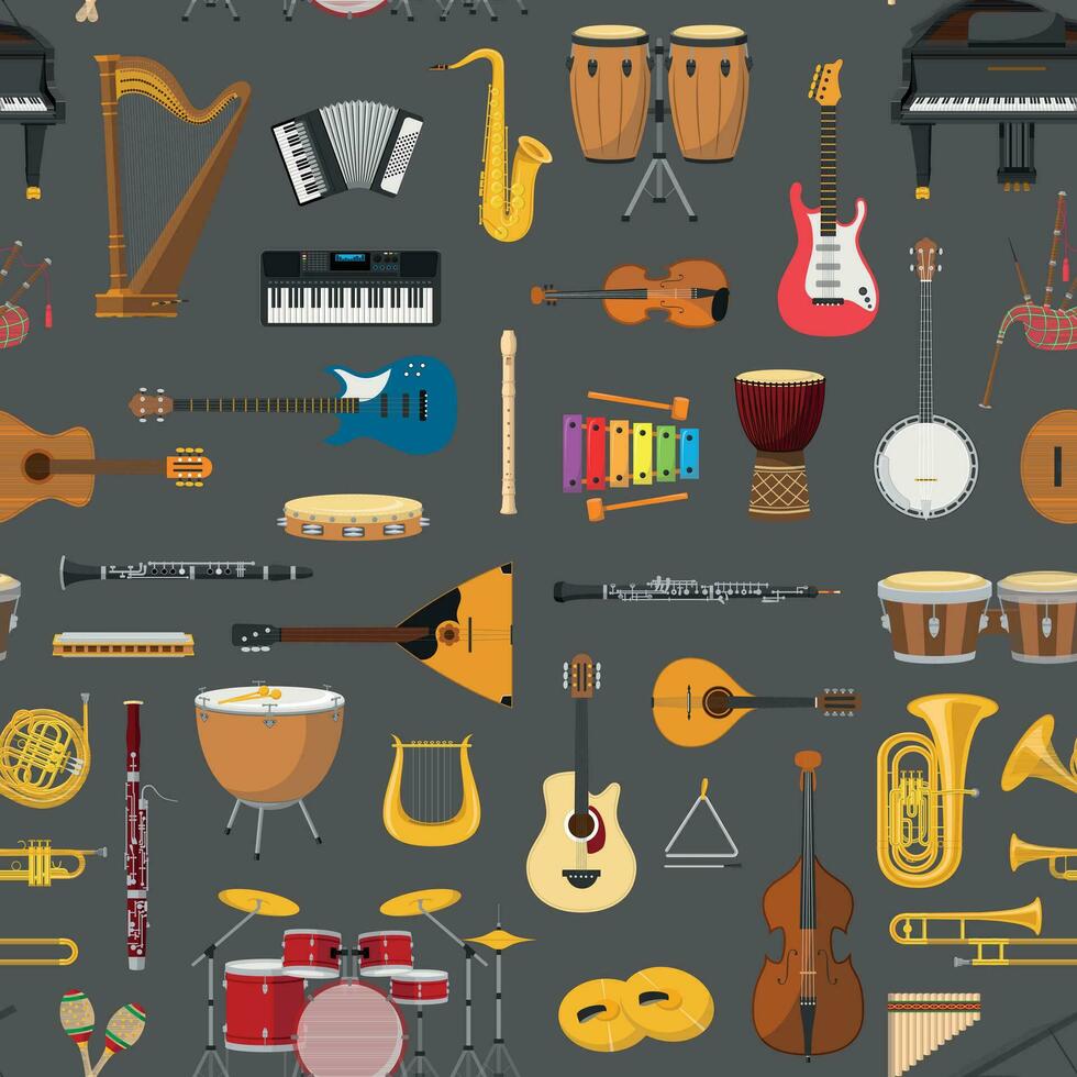 Musical instrumental seamless pattern background. Vector illustracion