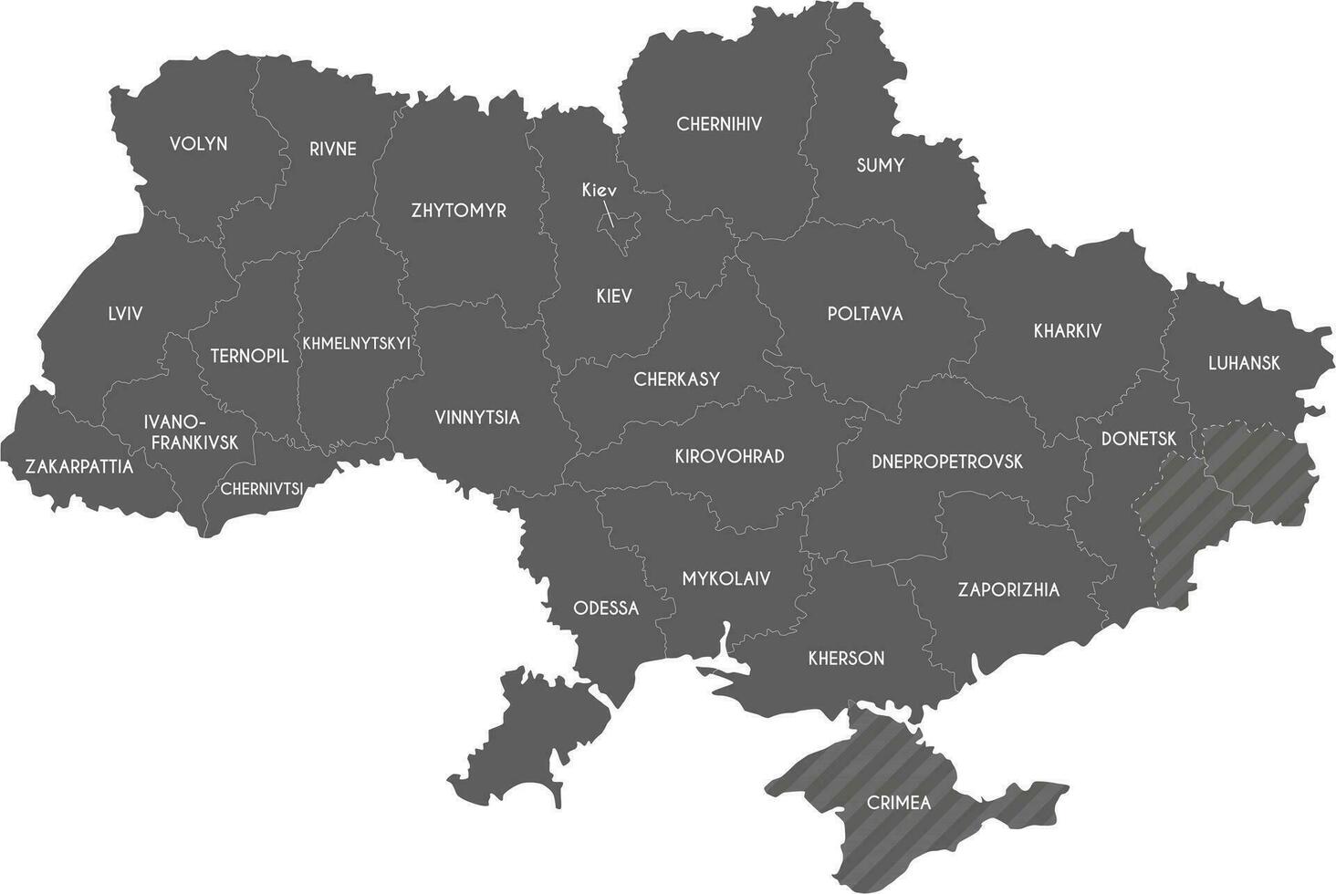 Map of Ukraine with regions, administrative divisions and territories claimed by Russia. Editable and clearly labeled layers. vector