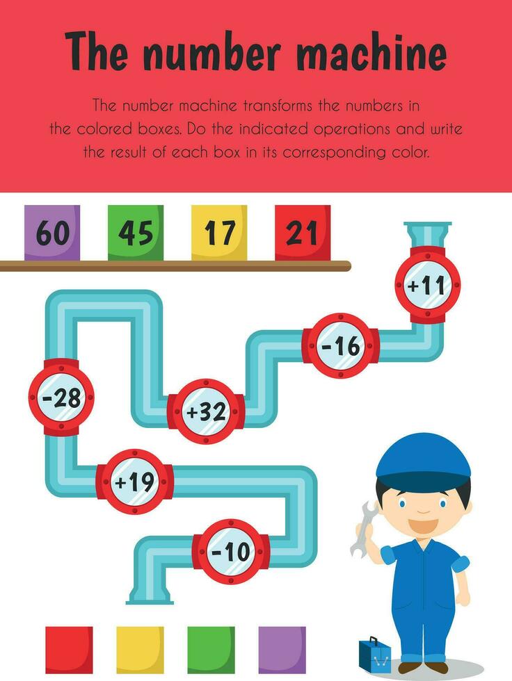 Number machine Educational Sheet. Primary module for Numerical Ability. 5-6 years old. Educational Sheets Series vector