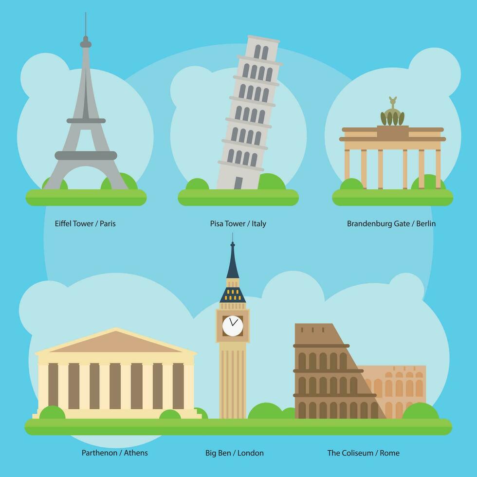 Vector illustration of Monuments and landmarks in Europe Vol. 1. Eiffel Tower in Paris, Leaning Tower of Pisa, Brandenburg Gate in Berlin, Parthenon - Greece, Big Ben - London, and The Coliseum - Rome