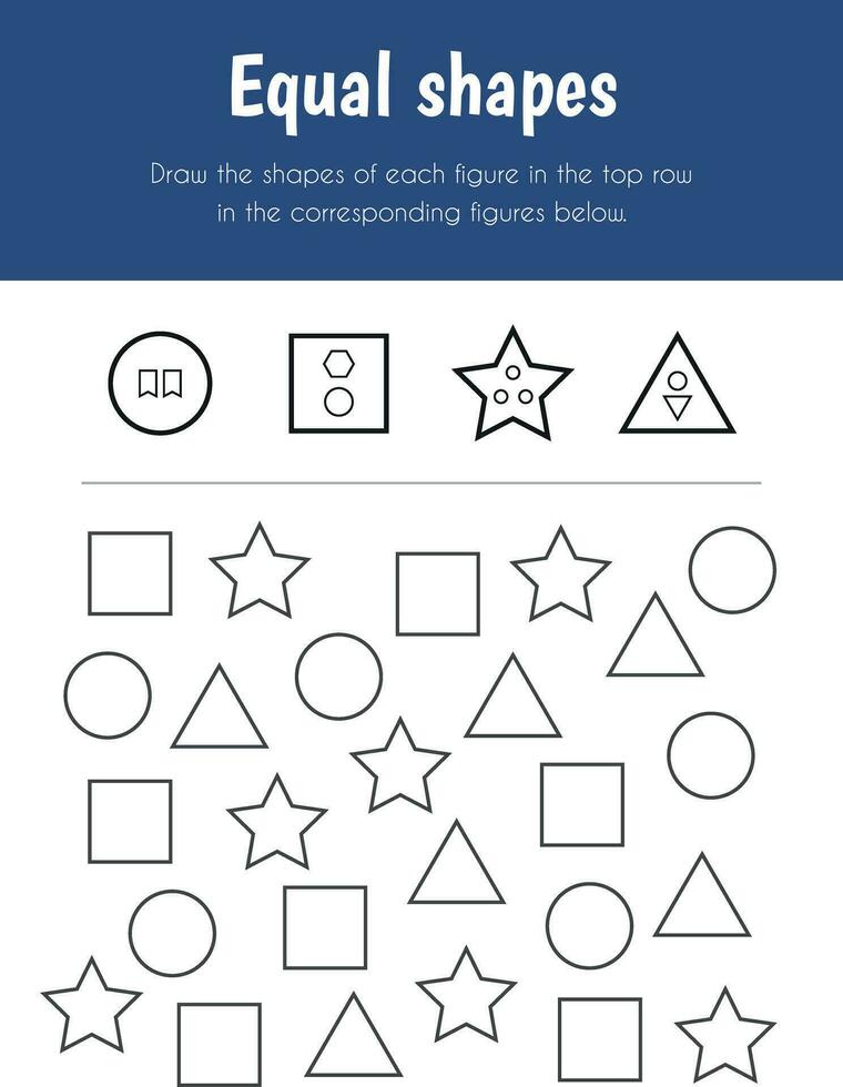 Equal shapes Educational Sheet. Primary module for Attention and Perception. 5-6 years old. Educational Sheets Series vector
