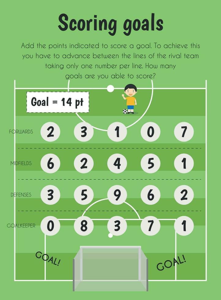 Scoring goals Educational Sheet. Primary module for Numerical Ability. 5-6 years old. Educational Sheets Series vector