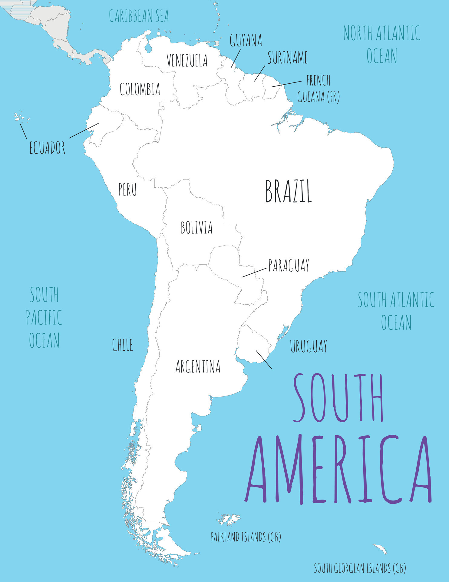 Political south america map vector illustration with countries in white
