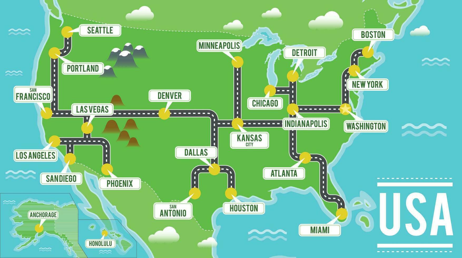 Cartoon vector map of USA. Travel illustration with american main cities.