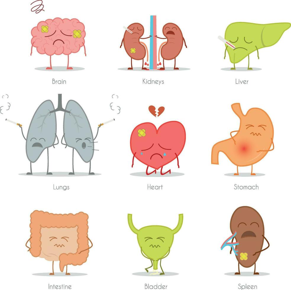 Set of 9 sick human organs in cartoon style. Brain, kidneys, liver, lungs, heart, stomach, intestine, bladder and spleen. vector