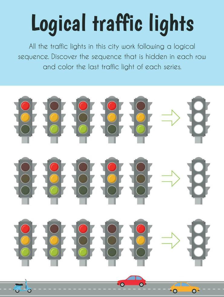 Logical traffic lights Educational Sheet. Primary module for Logic Reasoning. 5-6 years old. Educational Sheets Series vector