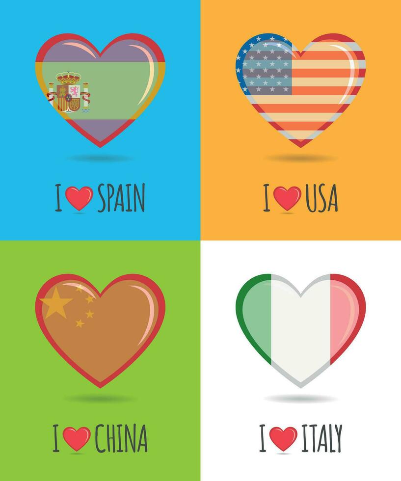 amoroso y vistoso carteles de España, EE.UU, China y Italia con corazón conformado nacional bandera y texto vector ilustración