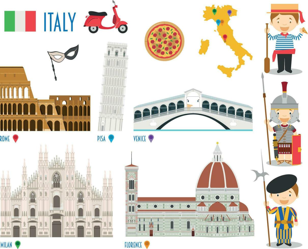 Italia plano icono conjunto viaje y turismo concepto. vector ilustración