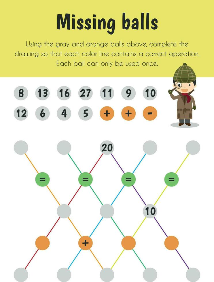 desaparecido pelotas educativo hoja. primario módulo para numérico capacidad. 5-6 años viejo. educativo hojas serie vector
