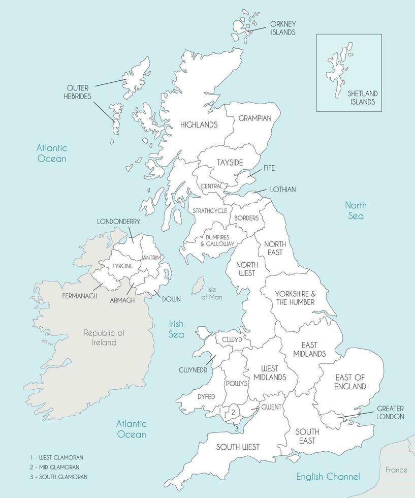 Vector map of UK with administrative divisions, and neighbouring countries. Editable and clearly labeled layers.
