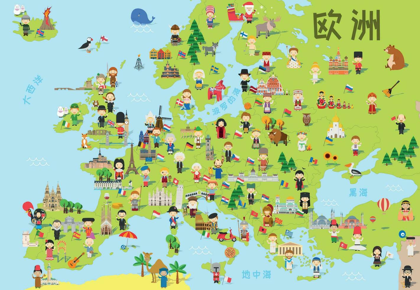 gracioso dibujos animados mapa de Europa en chino con para niños de diferente nacionalidades, monumentos, animales y objetos de todas el países. vector ilustración para preescolar educación y niños diseño.