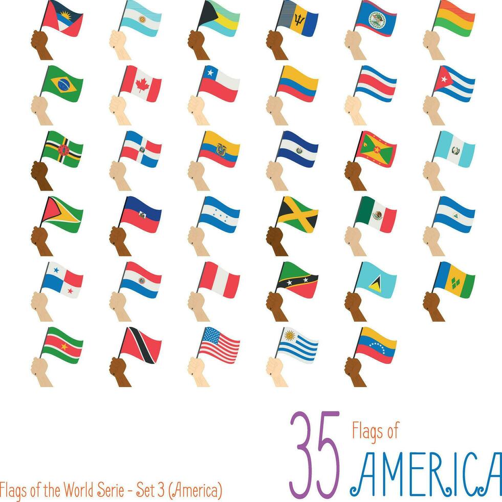 Set of 35 flags of America. Hand raising the national flags of 35 countries of America. Icon set Vector Illustration.