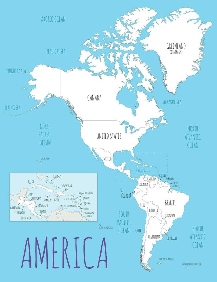 Political America Map vector illustration with countries in white color. Editable and clearly labeled layers.