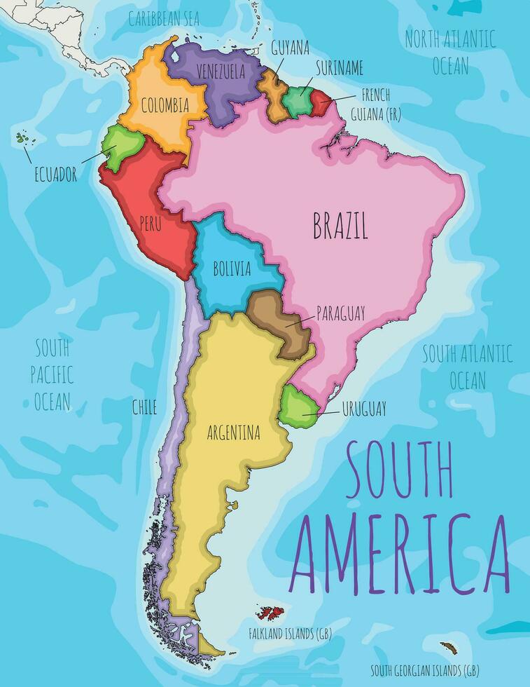 Political South America Map vector illustration with different colors for each country. Editable and clearly labeled layers.