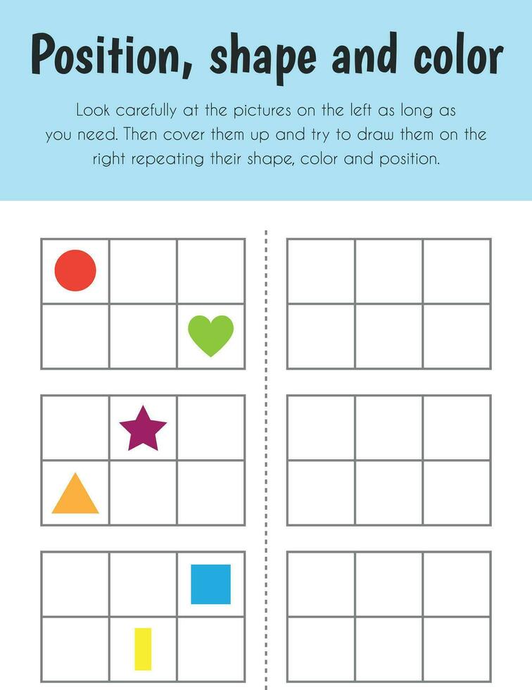 Position, shape and color Educational Sheet. Primary module for Memory. 5-6 years old. Educational Sheets Series vector