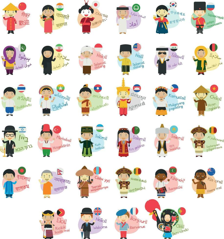 Vector illustration set of cartoon characters saying hello and welcom in 34 languages spoken in Asia and Oceania