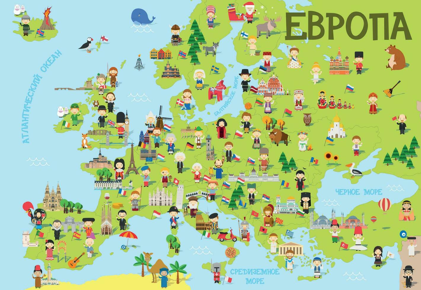 Funny cartoon map of Europe in russian with childrens of different nationalities, monuments, animals and objects of all the countries. Vector illustration for preschool education and kids design.