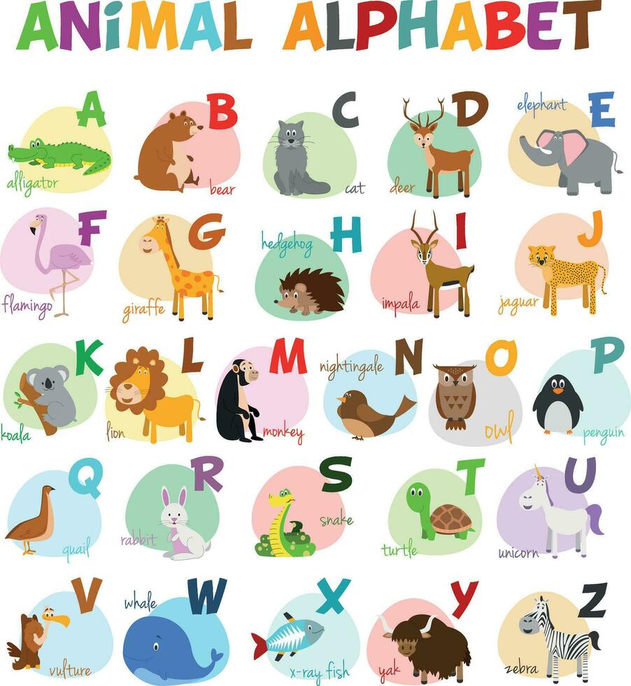 Cute cartoon zoo illustrated alphabet with funny animals. English alphabet. Learn to read. Isolated Vector illustration.