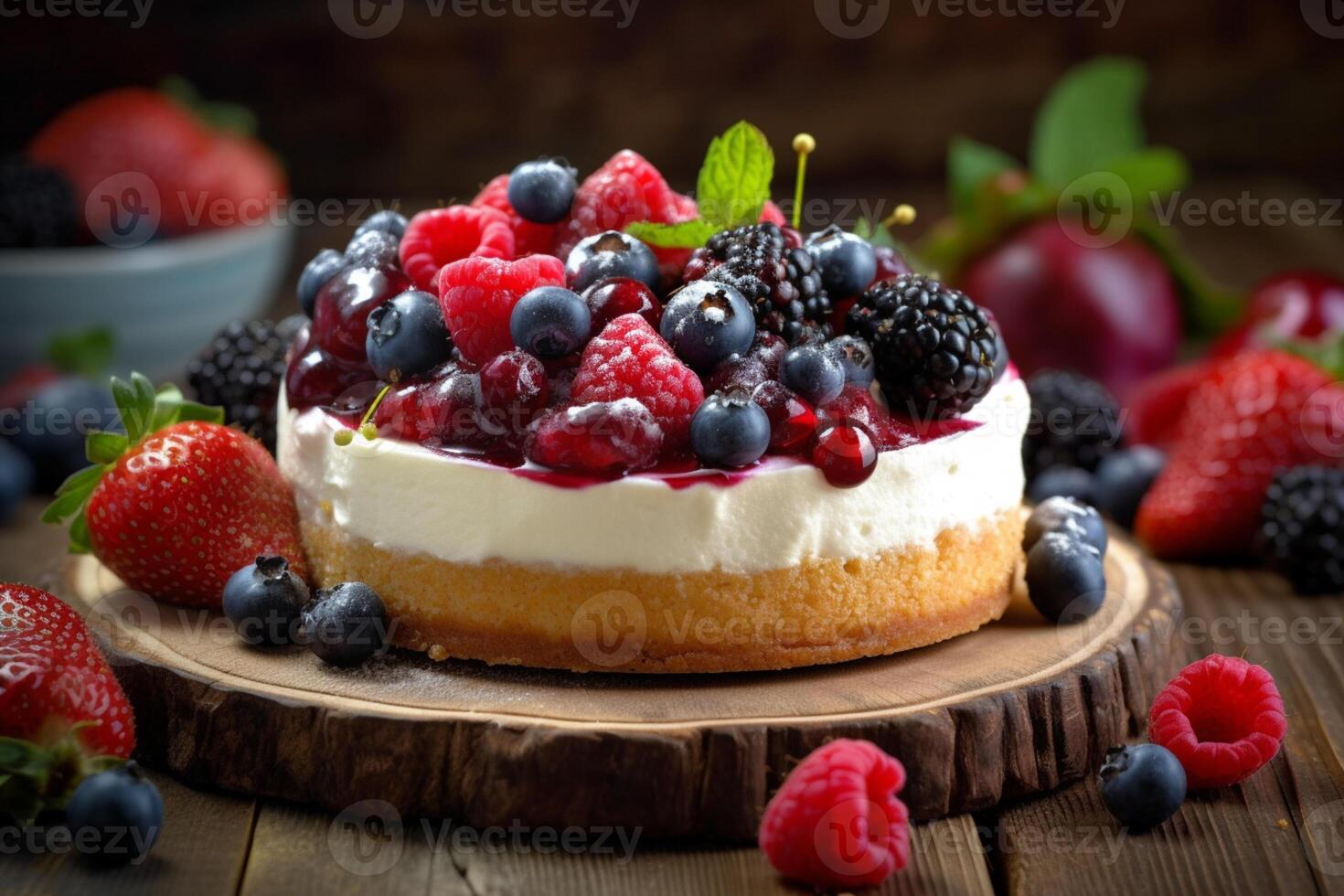 Sumptuous dessert, sweet cake with fresh berries on a wooden surface photo