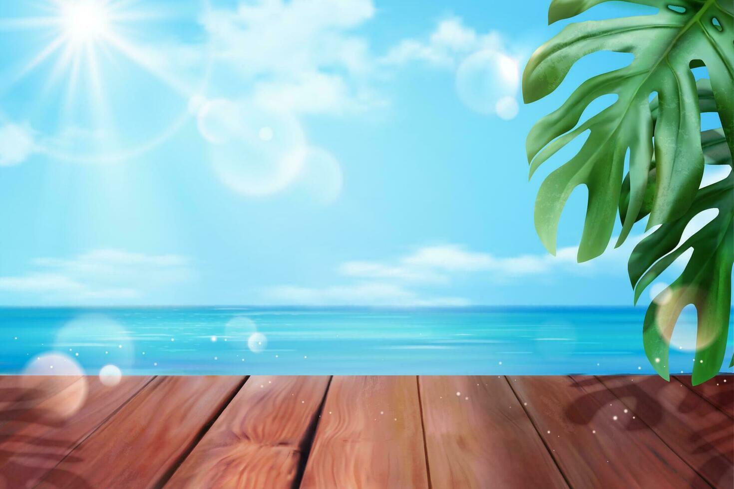 Beautiful ocean background with wooden plank and tropical leaves in 3d illustration vector