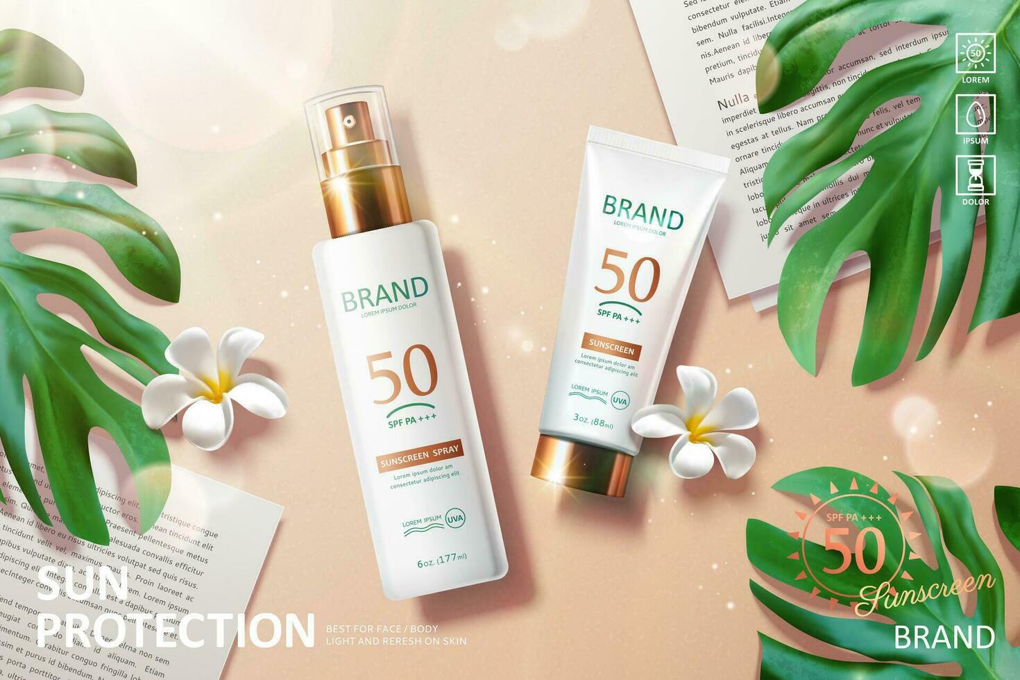 Sunscreen product laying on beach with tropical leaves in 3d illustration vector