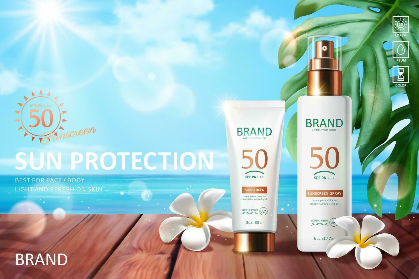 Tropical summer beach and plants with sunscreen product, 3d illustration vector