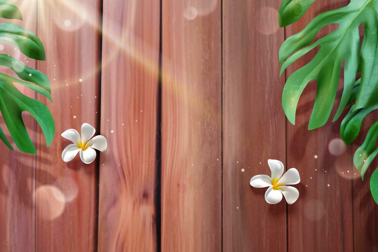 Tropical plants and plumeria laying on the wooden plank in 3d illustration vector