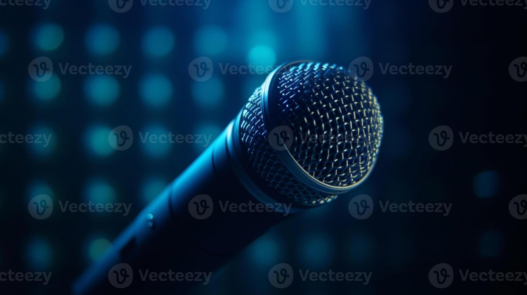 Dynamic blue microphone commands attention on a captivating blue stage, ready to perform. photo