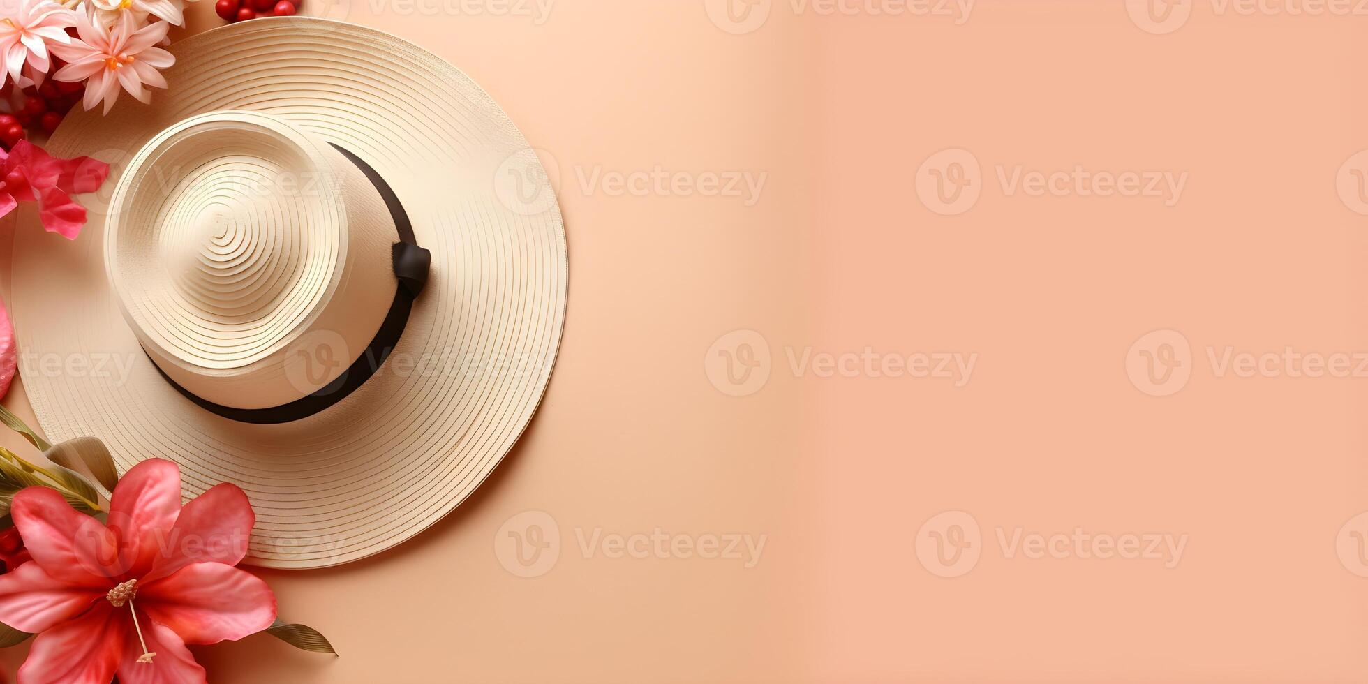Hat and sunglasses on cream background with copyspace. photo
