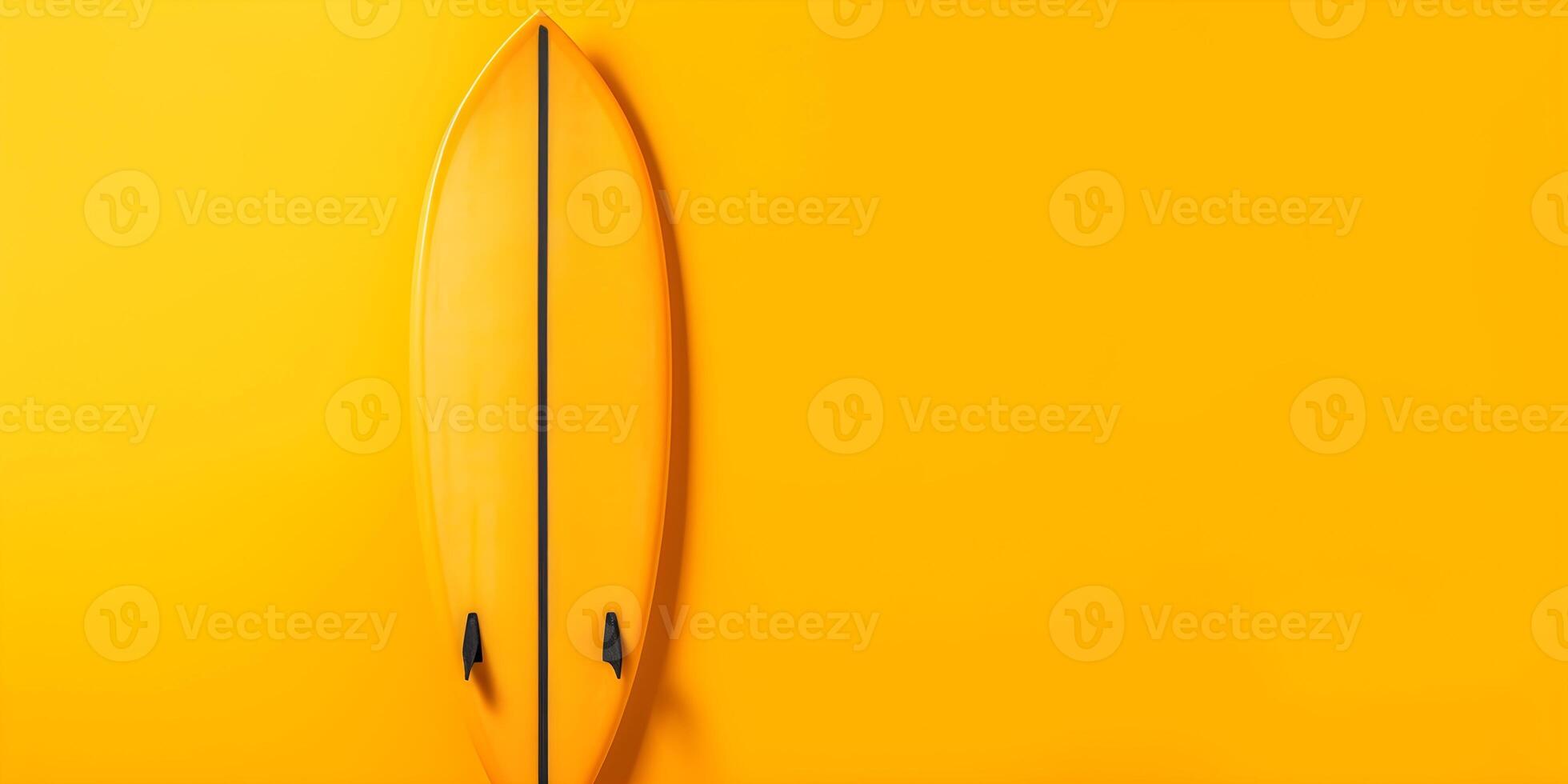 Surfboard on yellow background with copy space. photo