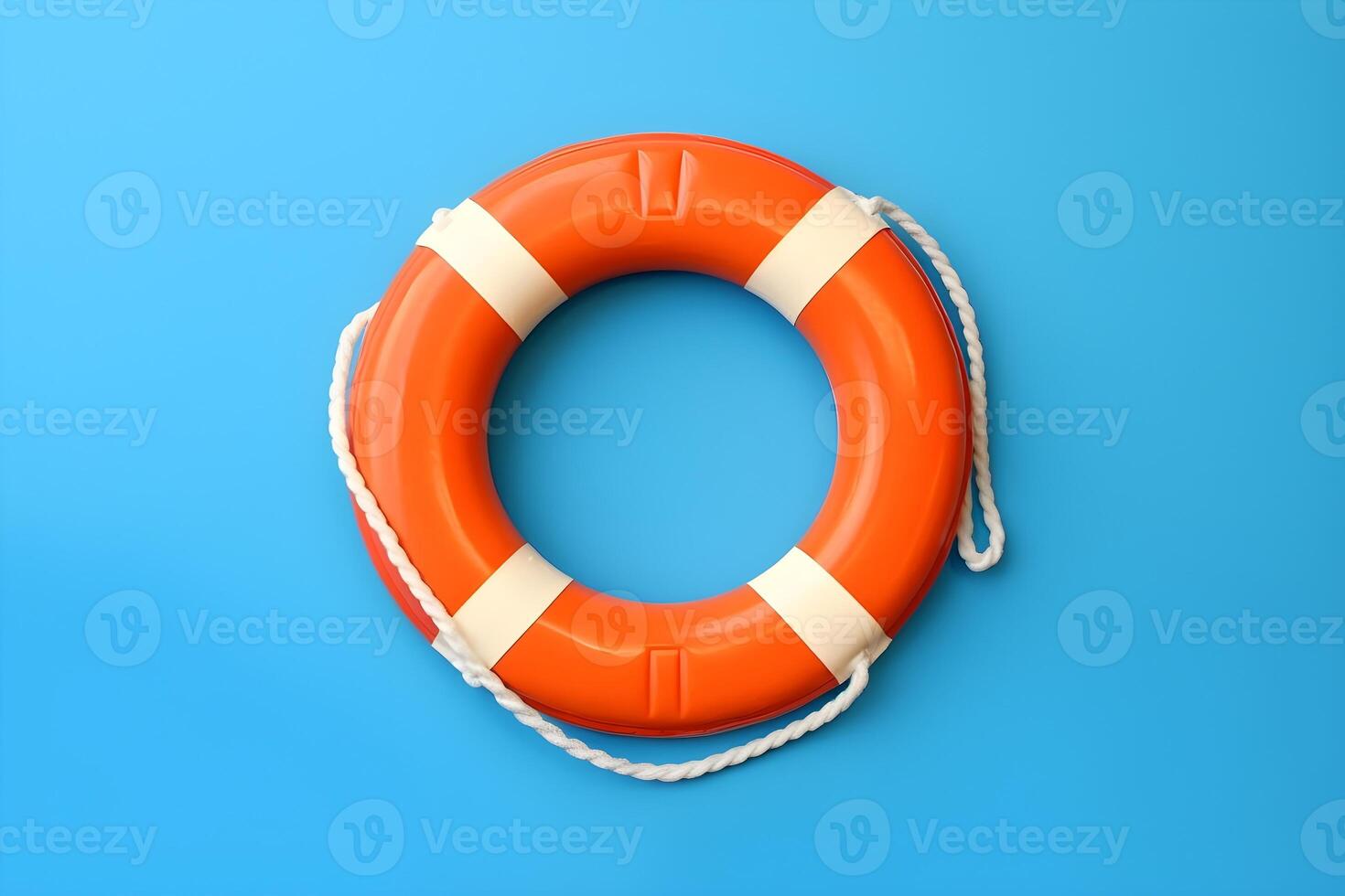 Orange lifebuoy on blue background with copyspace. photo