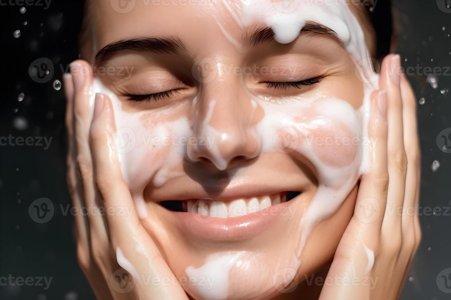 de cerca retrato de joven mujer limpia el piel con espuma en su cara en baño. generativo ai foto