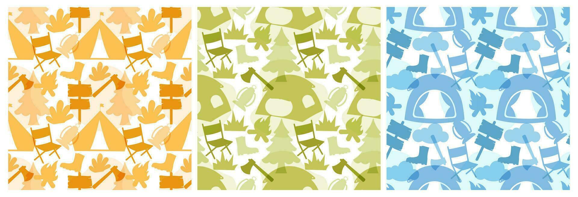 Set of Summer Camp Seamless Pattern Design of Camping and Traveling Element in Template Hand Drawn Cartoon Flat Illustration vector