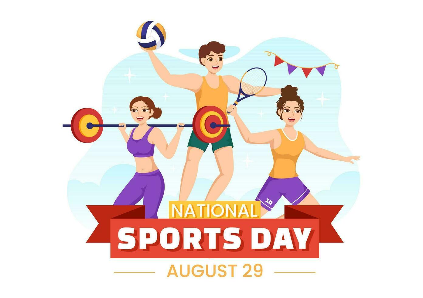 National Sports Day Vector Illustration with Sportsperson from Different Sport in Flat Cartoon Hand Drawn Landing Page Background Templates