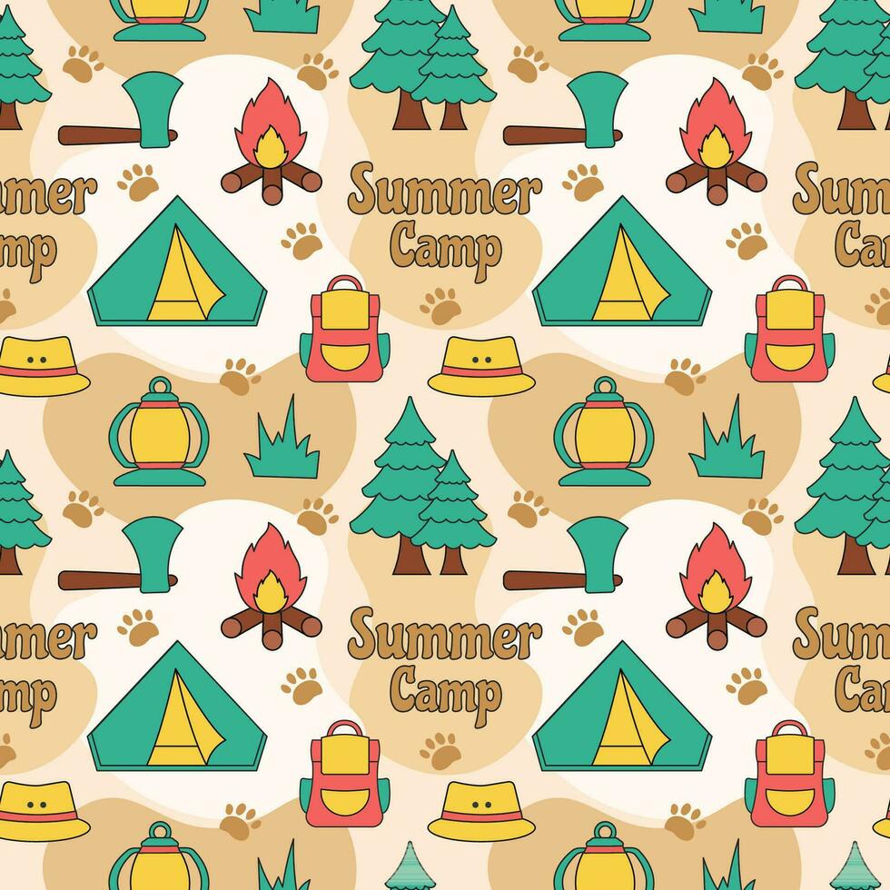 Summer Camp Seamless Pattern Design of Camping and Traveling Element in Template Hand Drawn Cartoon Flat Illustration vector