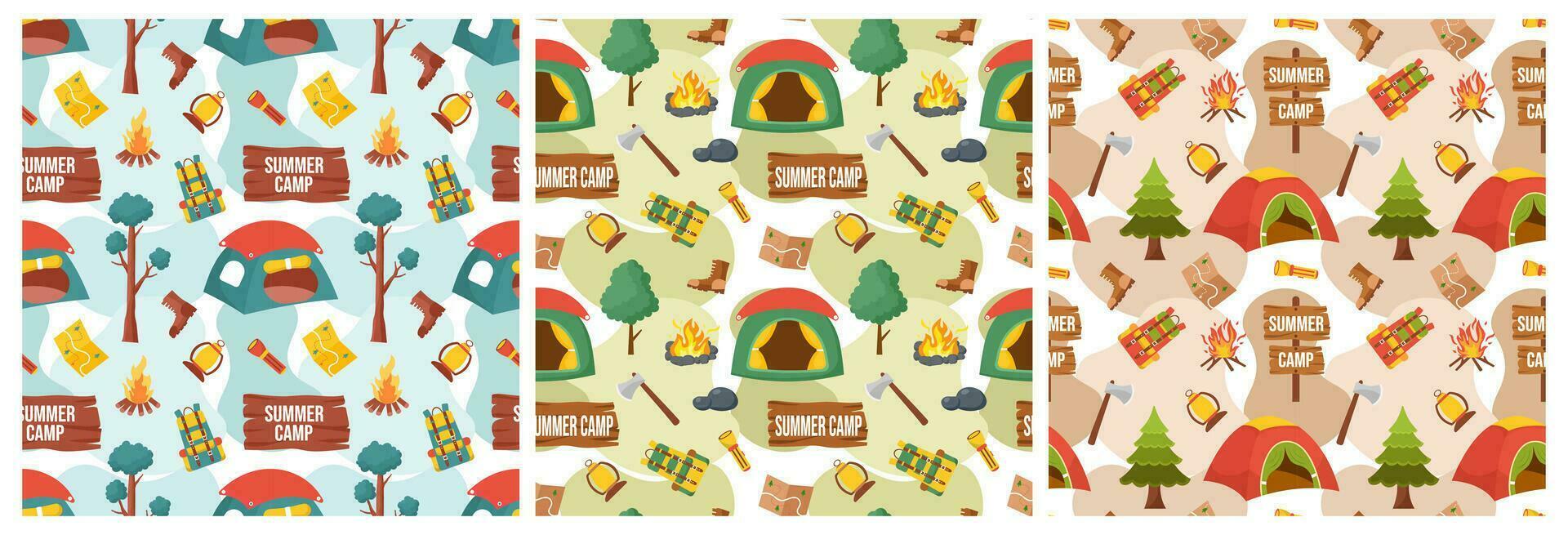 Set of Summer Camp Seamless Pattern Design of Camping and Traveling Element in Template Hand Drawn Cartoon Flat Illustration vector