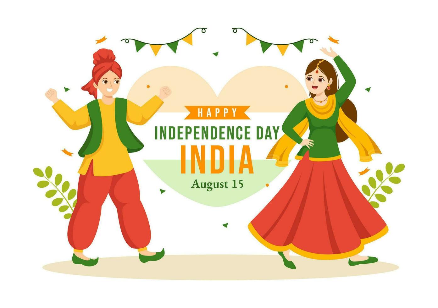 contento independencia día India vector ilustración en 15 agosto con indio bandera en plano dibujos animados mano dibujado celebracion antecedentes plantillas