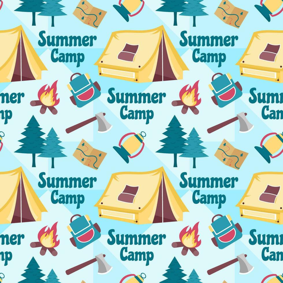 Summer Camp Seamless Pattern Design of Camping and Traveling Element in Template Hand Drawn Cartoon Flat Illustration vector