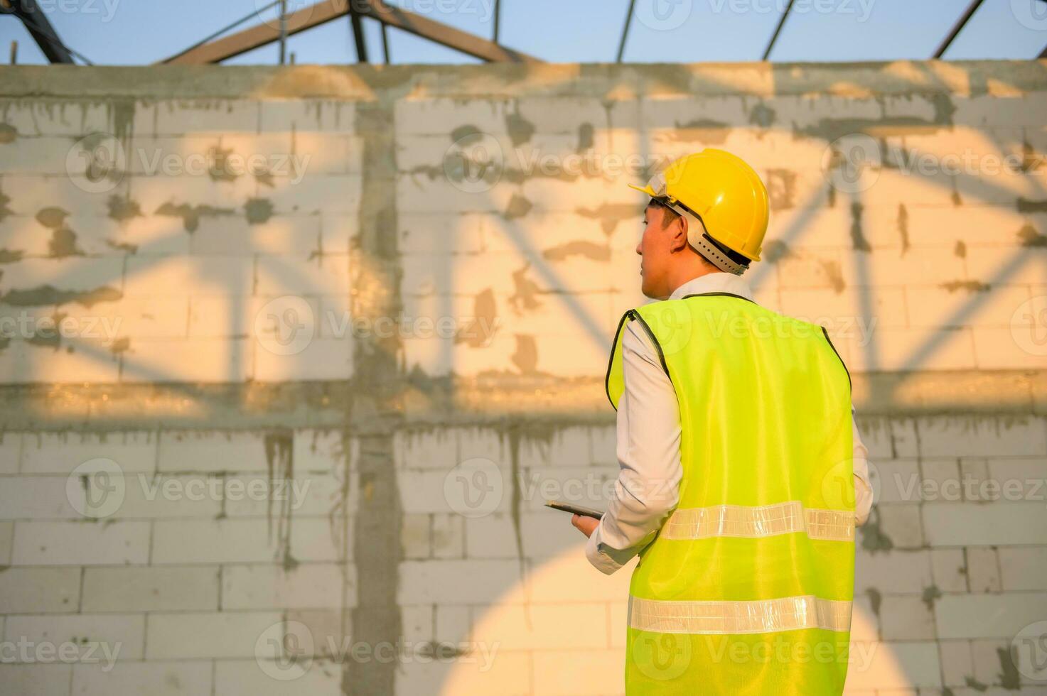 An Asian engineer man is wearing a protective helmet on head, using tablet Analytics engineering data photo