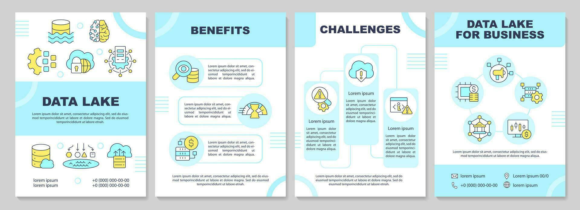 Data lake turquoise brochure template. Benefits and challenges. Leaflet design with linear icons. Editable 4 vector layouts for presentation, annual reports