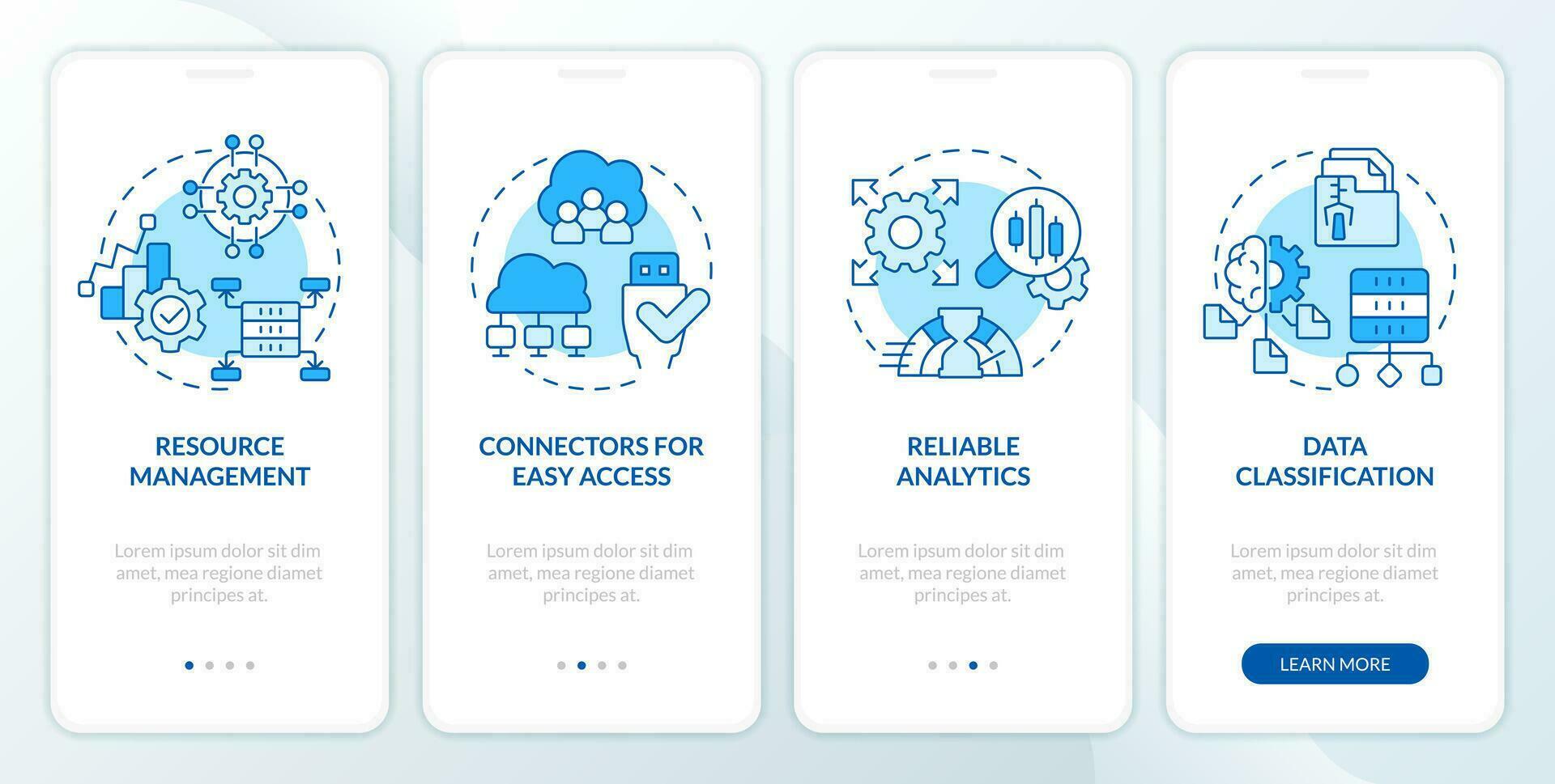Data lake architecture blue onboarding mobile app screen. Walkthrough 4 steps editable graphic instructions with linear concepts. UI, UX, GUI templated vector