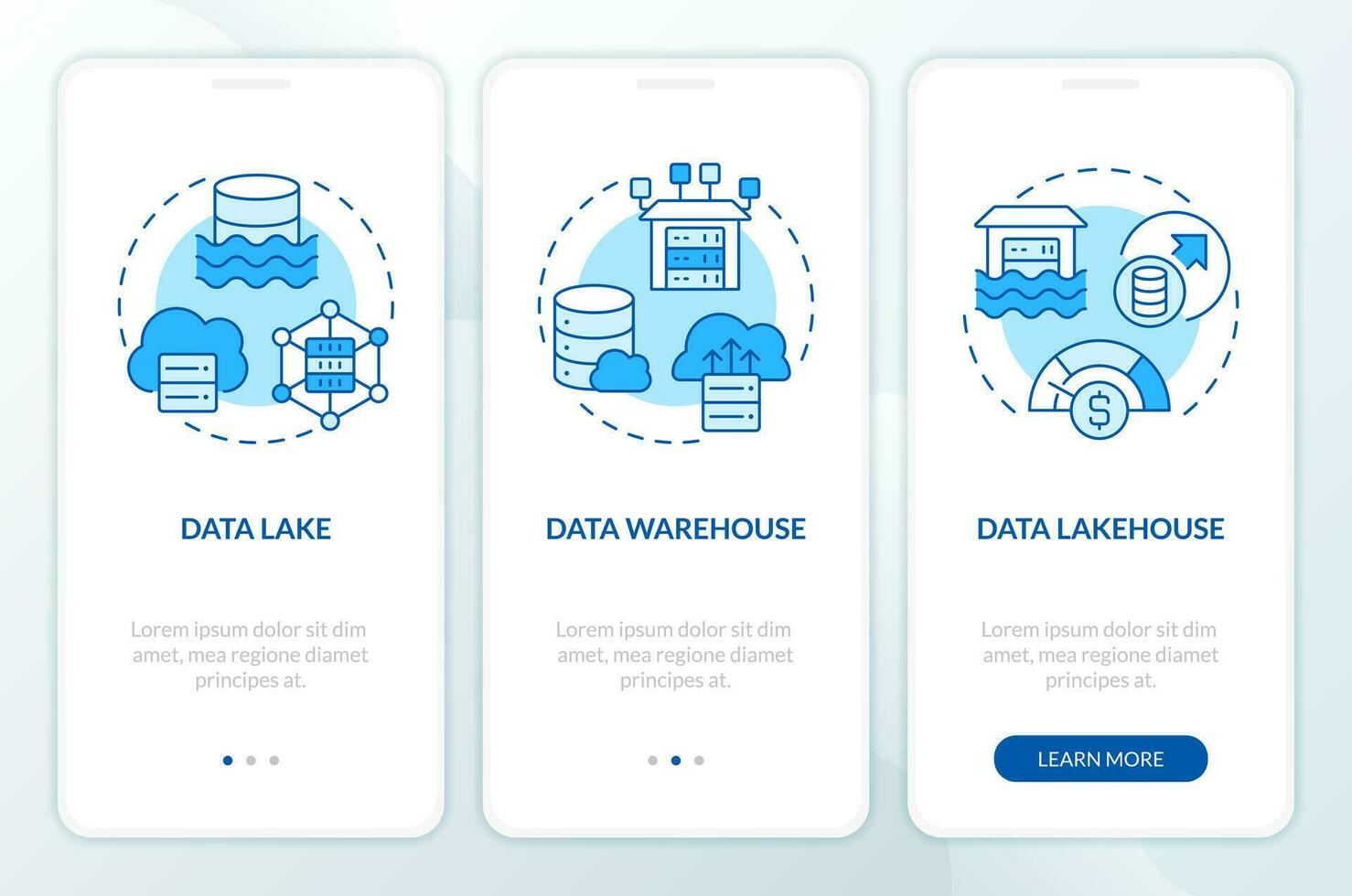 Data repositories blue onboarding mobile app screen. Digital storage walkthrough 3 steps editable graphic instructions with linear concepts. UI, UX, GUI templated vector