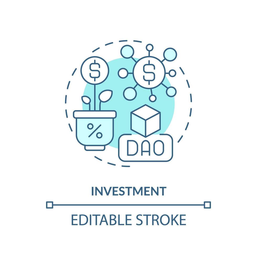 Investment turquoise concept icon. Rise money on blockchain. DAO usage purpose abstract idea thin line illustration. Isolated outline drawing. Editable stroke vector