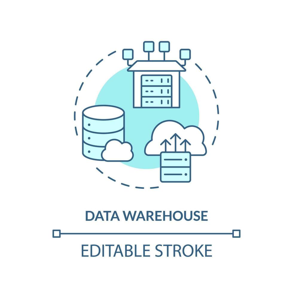 Data warehouse turquoise concept icon. Online storage. Analytics. Data repository abstract idea thin line illustration. Isolated outline drawing. Editable stroke vector