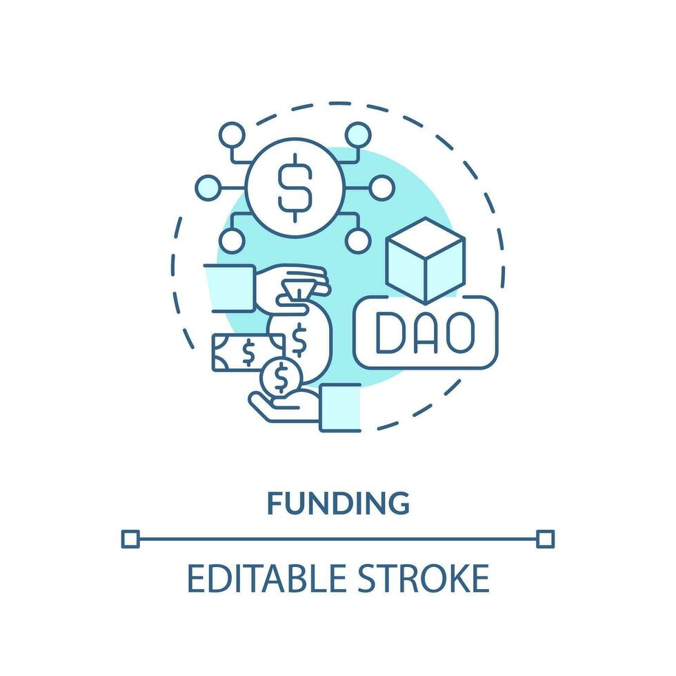 Funding turquoise concept icon. Buy and sell cryptocurrency. DAO lunch step abstract idea thin line illustration. Isolated outline drawing. Editable stroke vector