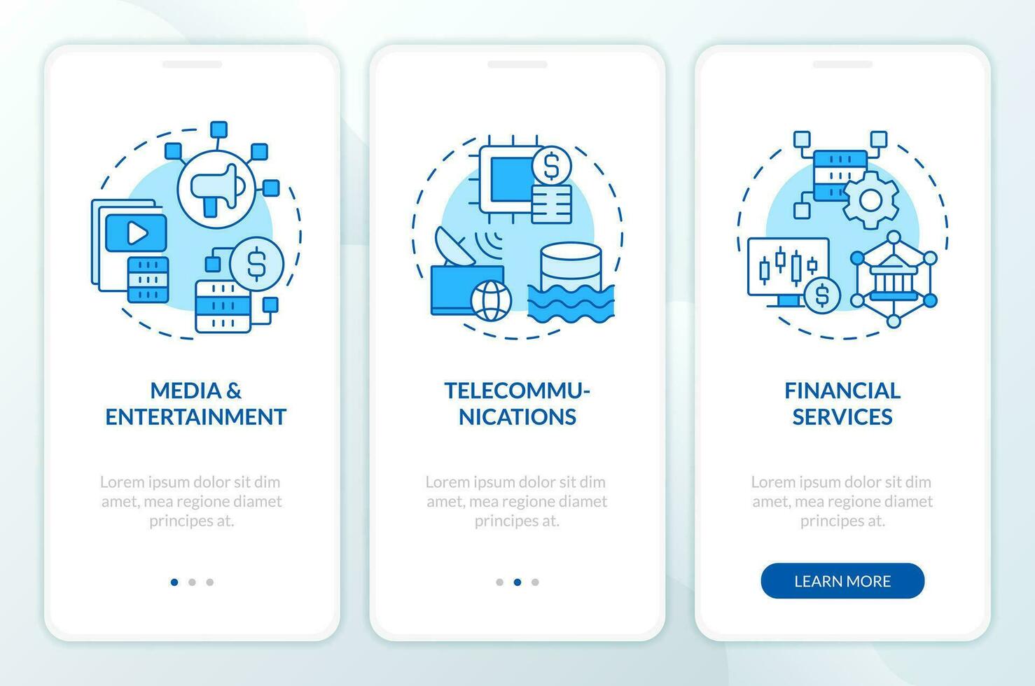 Data lake use cases blue onboarding mobile app screen. Industries walkthrough 3 steps editable graphic instructions with linear concepts. UI, UX, GUI templated vector