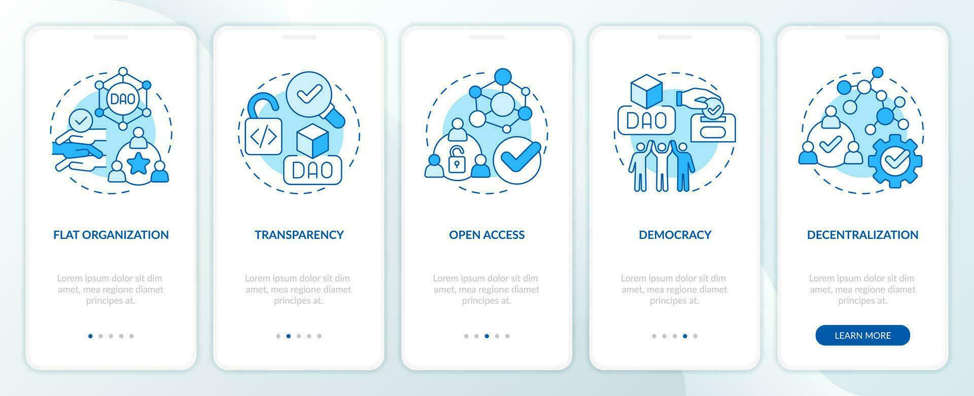 dao caracteristicas azul inducción móvil aplicación pantalla. iot recorrido 5 5 pasos editable gráfico instrucciones con lineal conceptos. ui, ux, gui plantilla vector